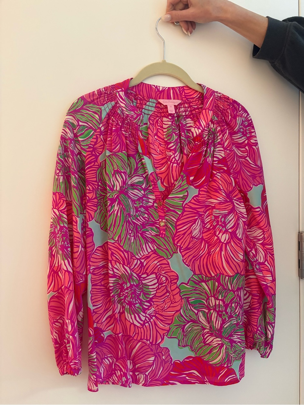 Lilly Pulitzer Bright Pink Floral V-Neck Blouse - Picture 2 of 4